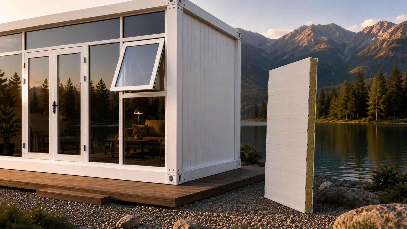 Glass modular room with insulated wall panel detail